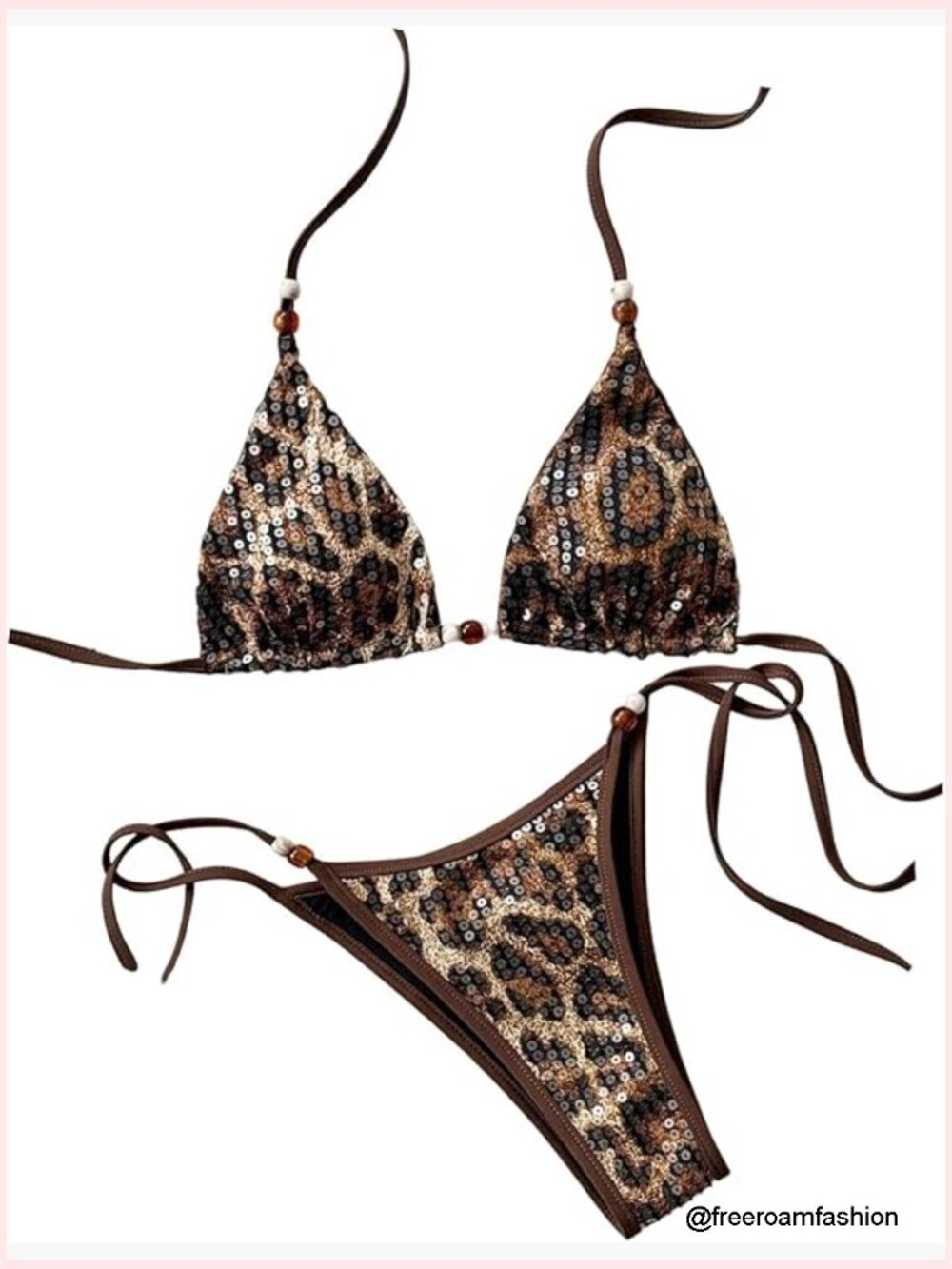 Sequin Sparkly Triangle Halter Bikini Set 2 Piece Leopard Print Swimsuits